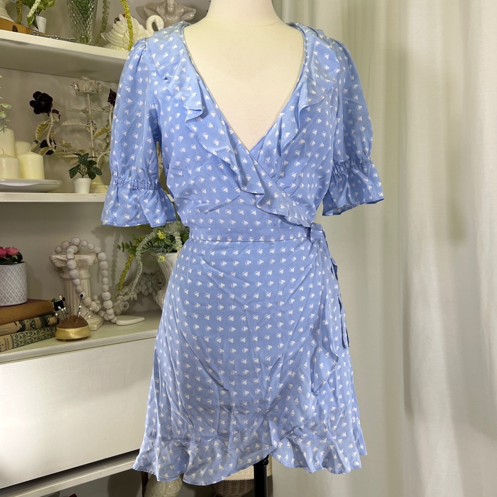 For Love & Lemons Blue Ruffled Sweetheart Heart Print Ruffled Wrap Dress